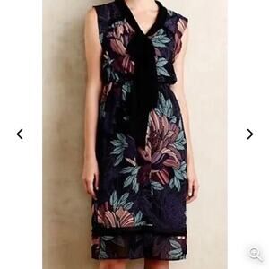 Maeve Anthropologie Brelin Floral Sheer Tie-Neck Midi Dress Small Elastic Waist
